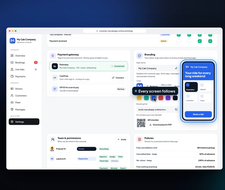 Operator console settings with payment gateways and branding, and a phone preview in the brand colour