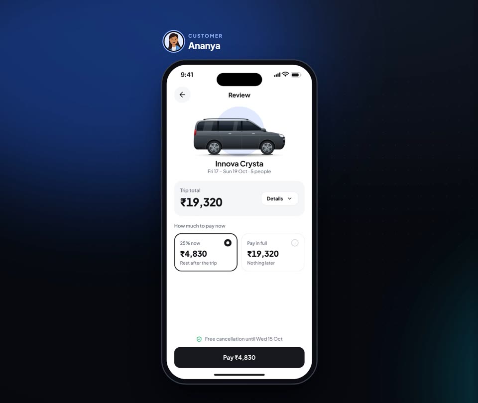 Customer app showing an Innova Crysta trip with the full price and a 25% advance option