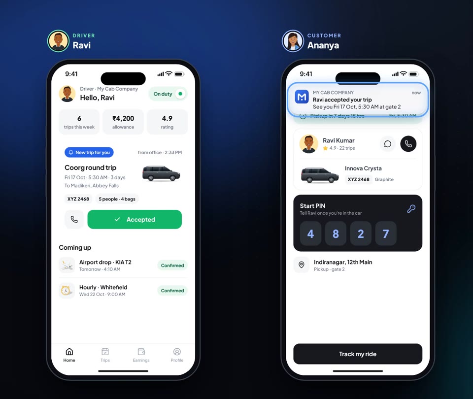 Driver app with an accepted trip next to the customer app showing the start PIN